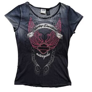 Harley Davidson Pink Wing Logo T Shirt Women M Y2K Made USA Biker